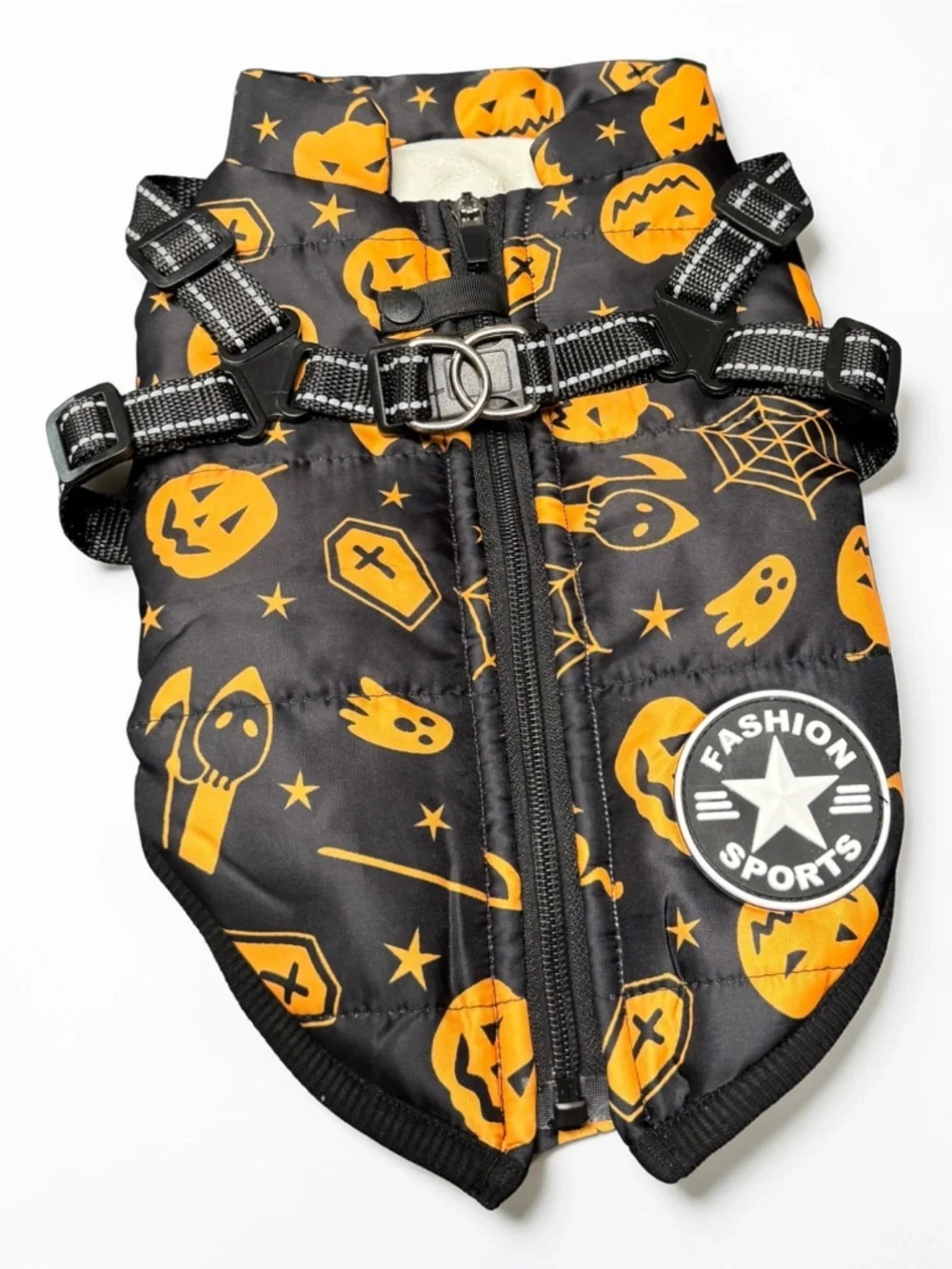 Halloween Dog Jacket Harness Small Pumpkin Reflective Pet Coat Vest Zip Up Warm